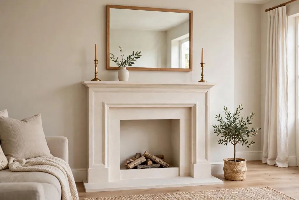 Ivory fireplace with simple mantel styling, a mirror, and candlesticks.