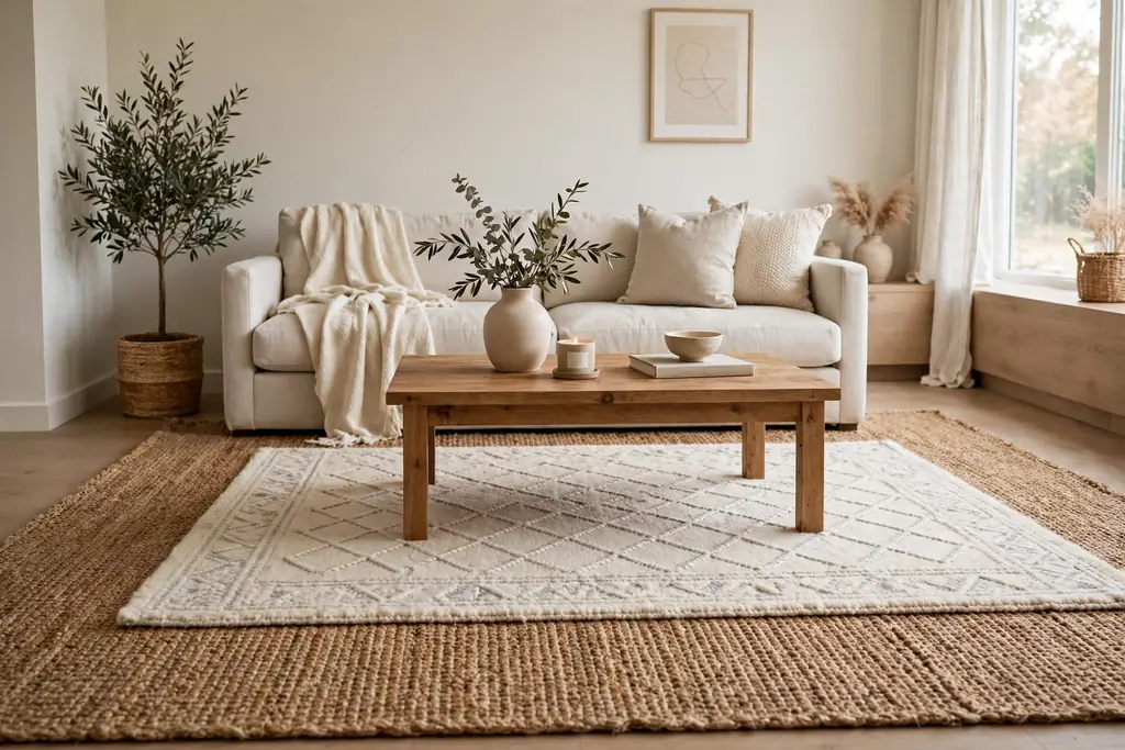 Jute rug layered under an ivory wool rug in a neutral seating area.