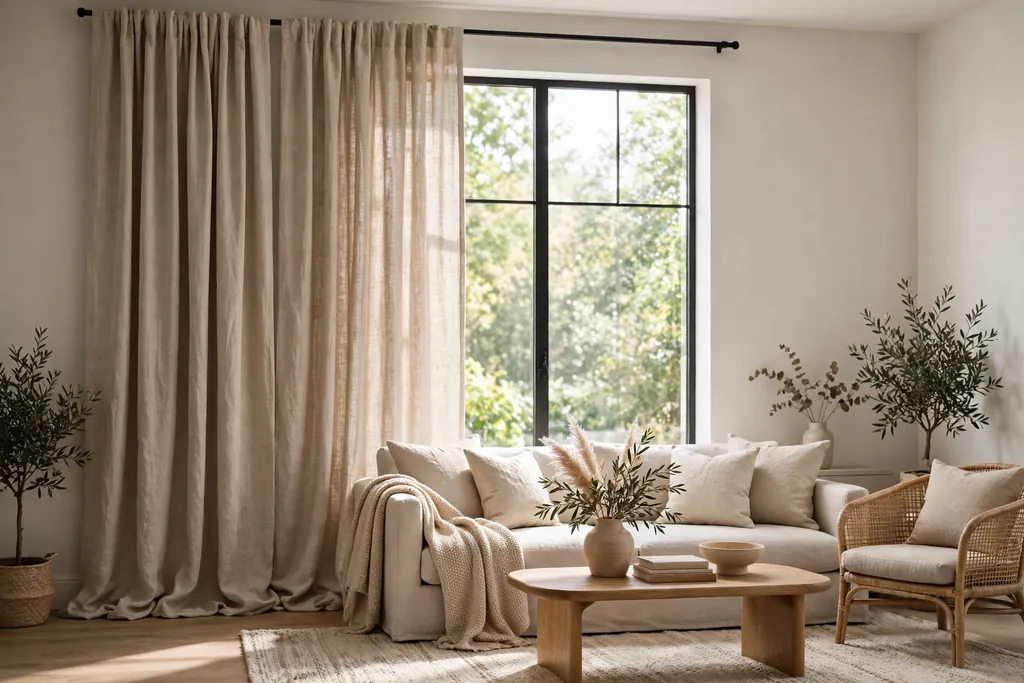 Oatmeal linen curtains hung from ceiling to floor in a bright living room.