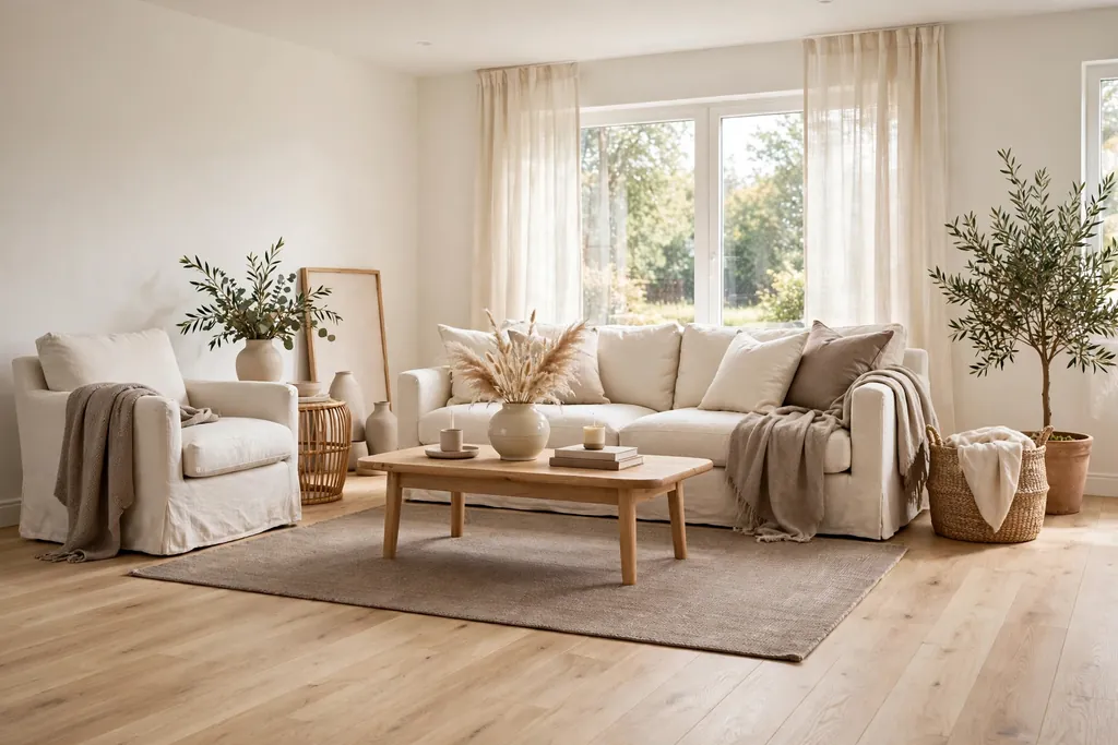 Pale oak floor with cream furniture and a taupe rug in a bright living room.