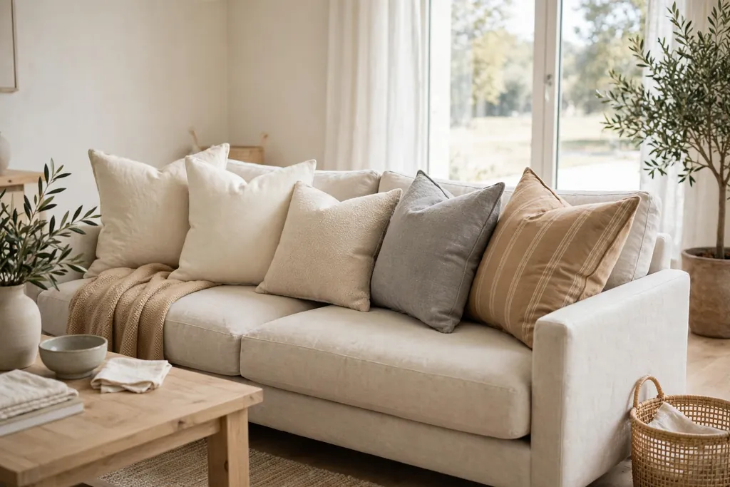 Neutral sofa with cushions in cream, ivory, sand, stone grey, and camel.
