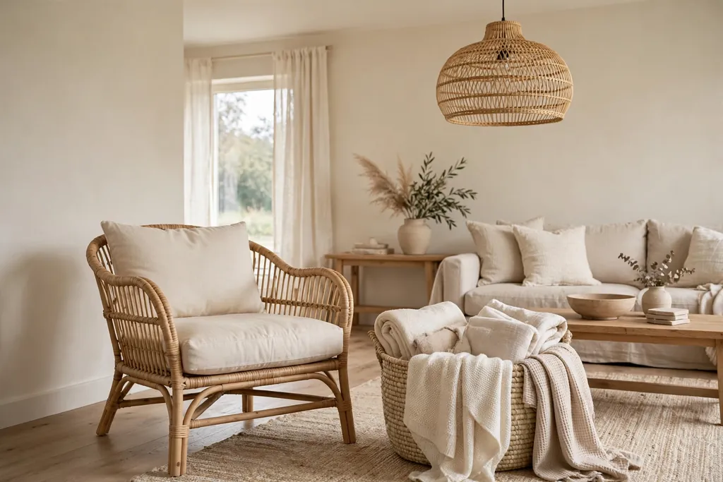 Neutral living room with rattan chair, woven basket, and rattan pendant light.