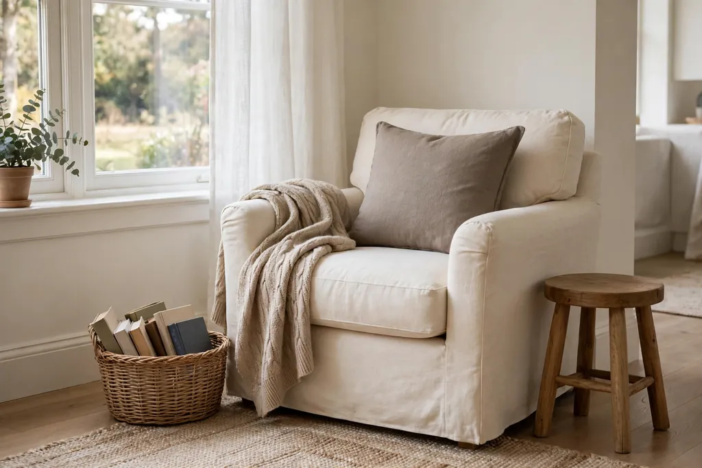 Cream armchair reading nook by a living room window with a side table.