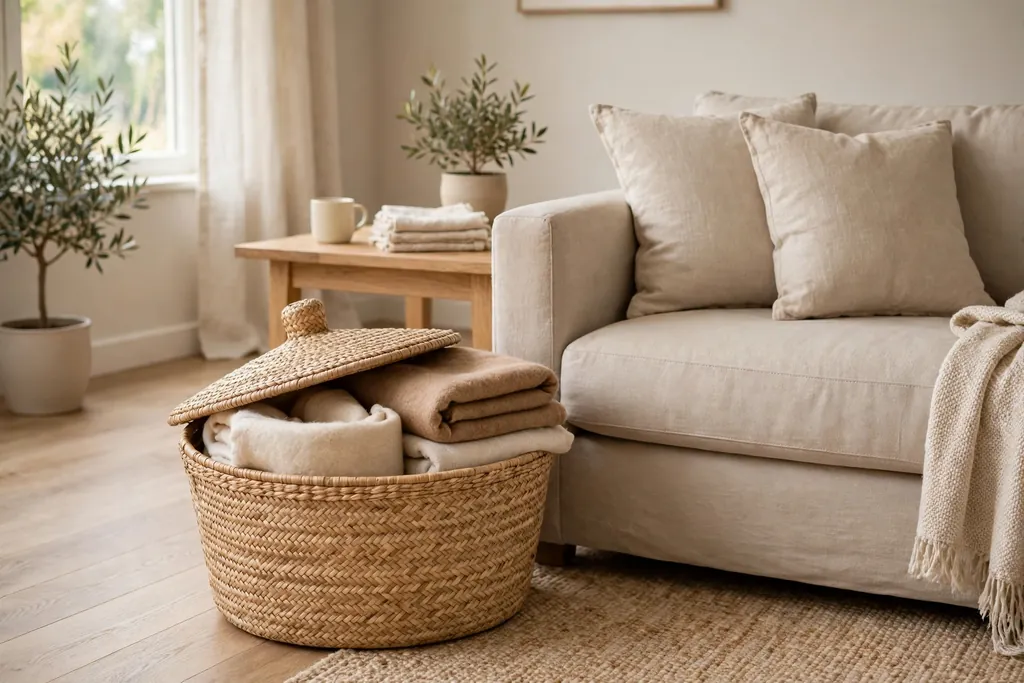 Neutral living room with a basket of folded wool and linen throws.