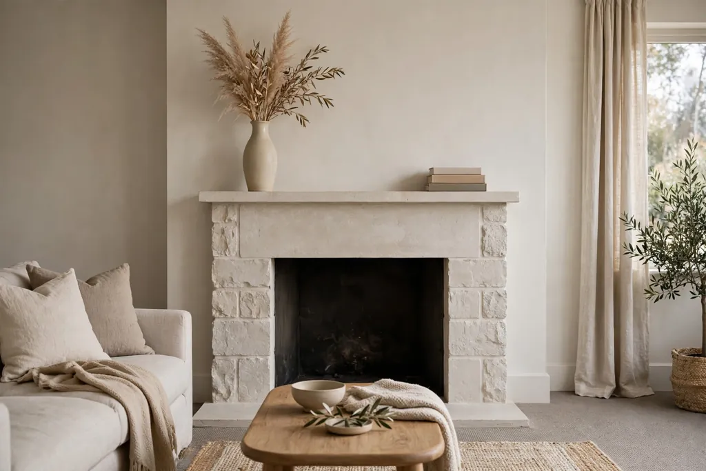 Pale stone fireplace surround with a vase and books on the mantel.