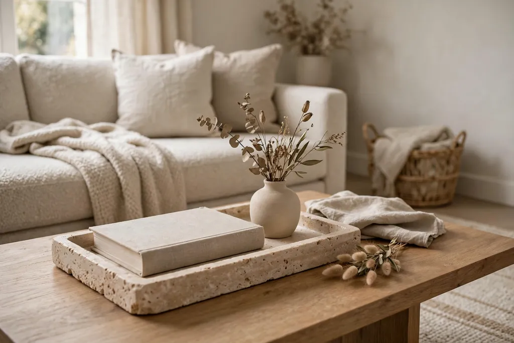 Coffee table vignette with a stone tray, linen covered book, and small vase.