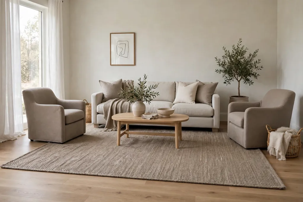 Taupe rug under the front legs of a sofa and armchairs in a neutral living room.