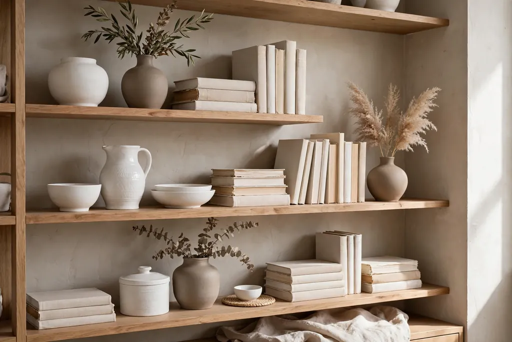 Open shelves styled with white ceramics, taupe vases, and pale books.