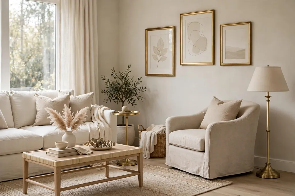 Neutral living room with brushed brass lamp, frames, and warm metal accents.