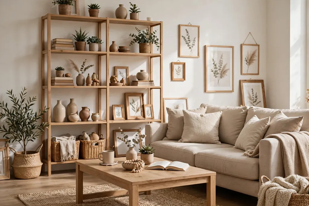 Warm white living room with light wood accents and a beige sofa.
