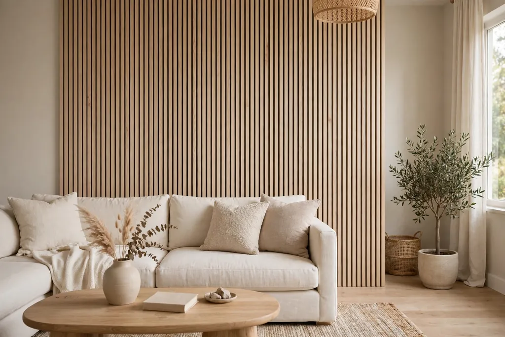 Pale oak wood slat accent panel behind a cream sofa in a living room.
