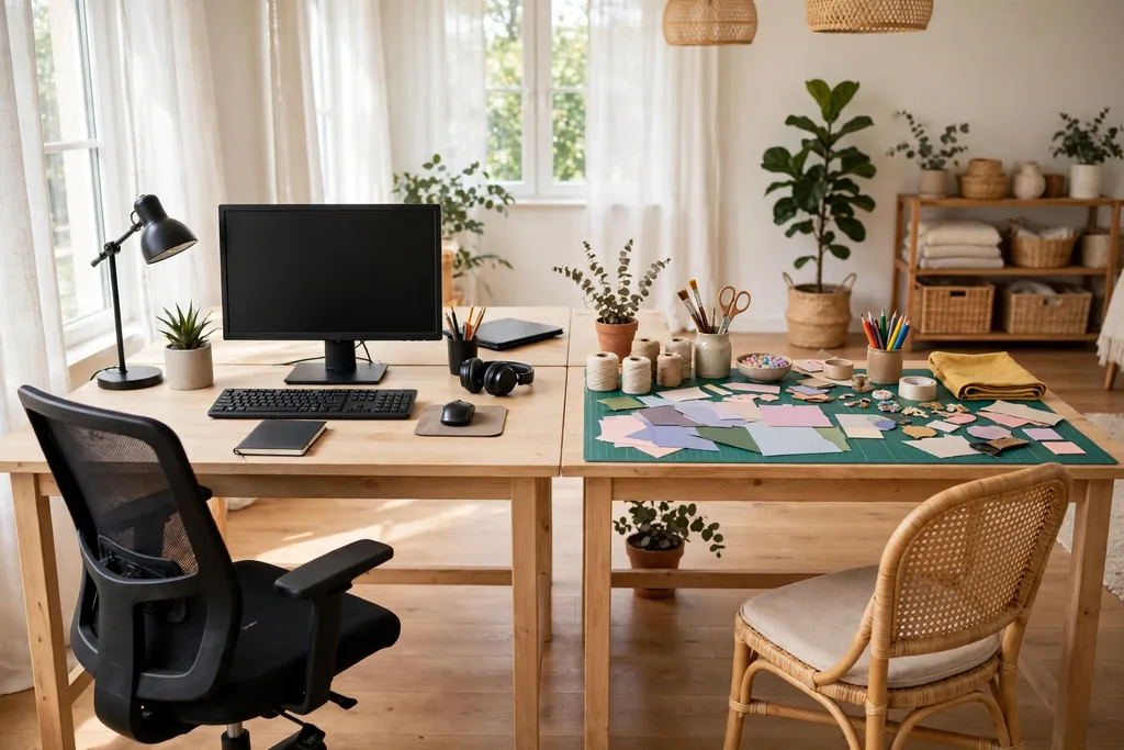 Two desks back to back in the middle of a room, one set for computer work and one set for crafts, with chairs on opposite sides.