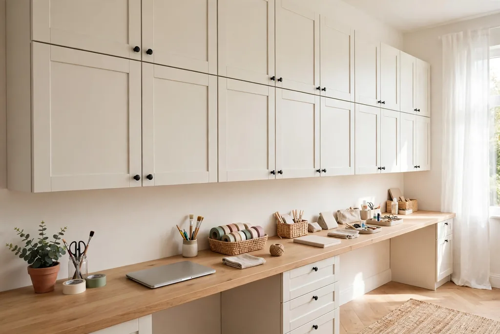 Long desk run with closed cabinets above holding craft supplies, with a tidy desk surface below.