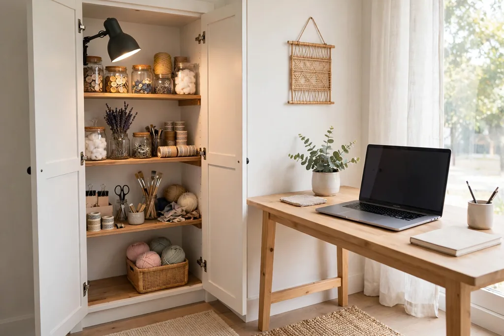 Small closet fitted as a craft nook with shelves and a task light, beside a work desk in the main room.