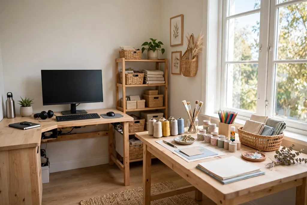 Corner desk with a computer and a separate craft table beside a bright window.