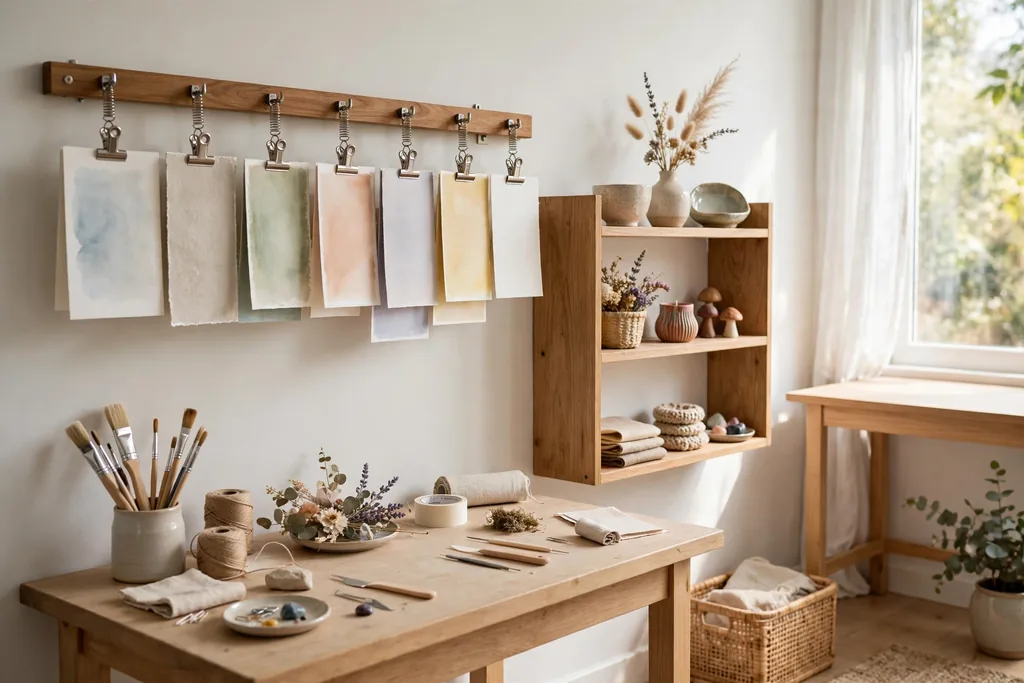Wall-mounted drying rail with clipped cards above a craft table, with a display shelf of finished pieces beside it.