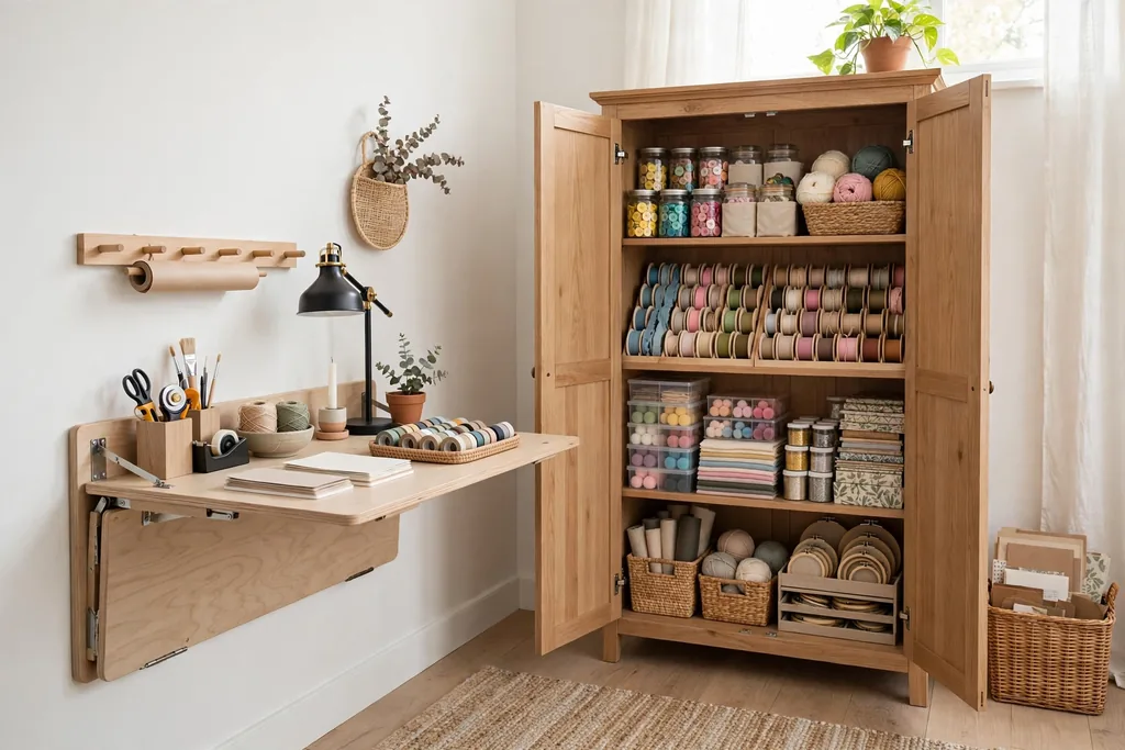 Fold-away wall desk and a tall craft armoire with open doors showing shelves of supplies.