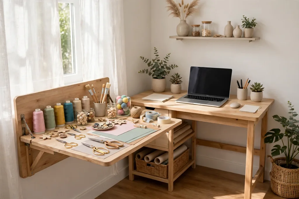 Fold-down wall table open for crafts beside a fixed work desk with a laptop.