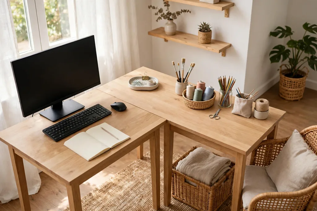 L-shaped desk setup with a computer on one leg and craft supplies on the other leg, with a corner tray between them.