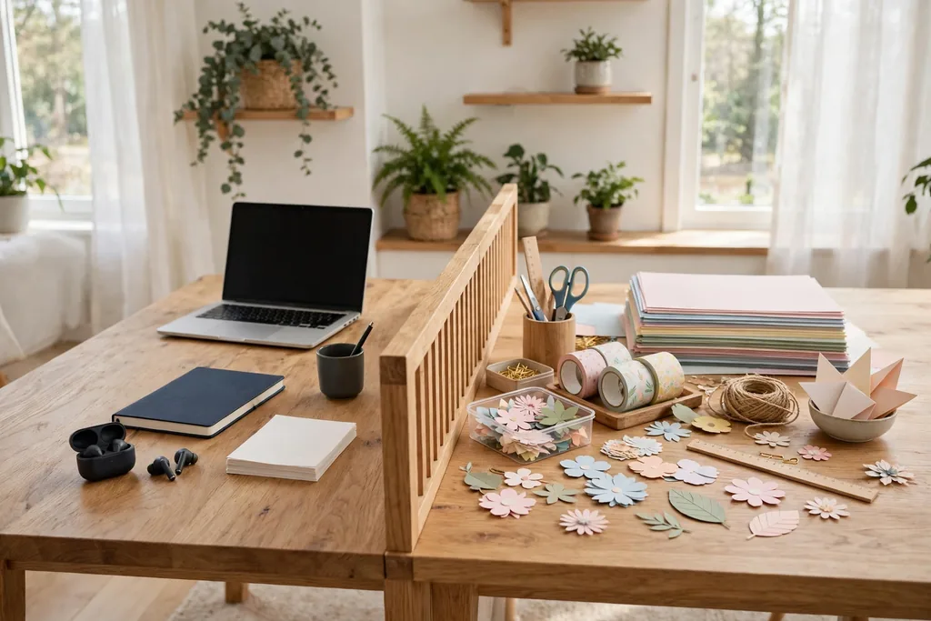 One long desk divided down the middle, with a laptop and notebook on one half and paper crafts on the other half.
