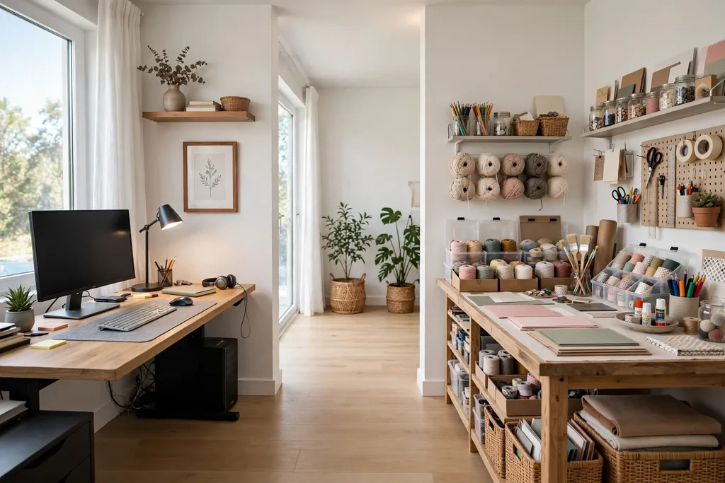 Room with a work desk on one wall and a craft table on the opposite wall, with a clear walkway between them.