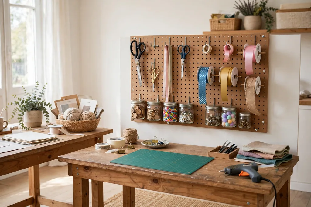 Craft bench with a pegboard wall above it holding scissors, ribbons, and small jars, with a desk visible to one side.