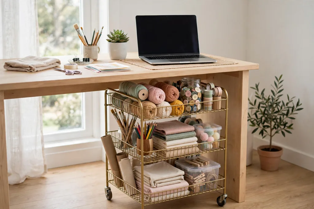 Tiered rolling cart with craft supplies parked under a work desk, with a laptop on the desk above.
