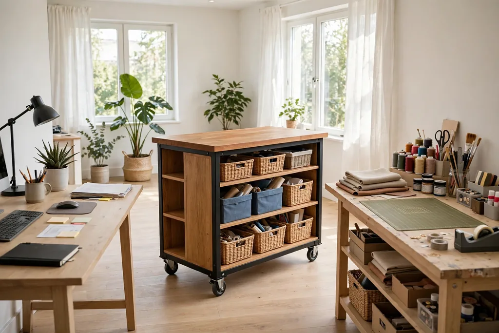 Rolling island with a flat top and shelves below, placed between a work desk and a craft bench.