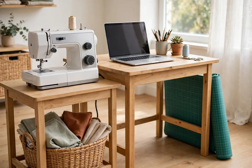 Sewing machine on a small table beside a work desk, with a fabric basket underneath and a cutting mat rolled to one side.