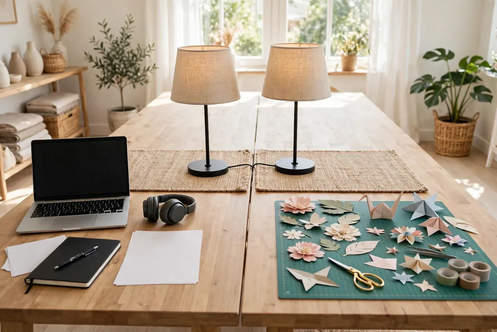 One large table split by lamps and mats, with a laptop at one end and a cutting mat with paper crafts at the other end.