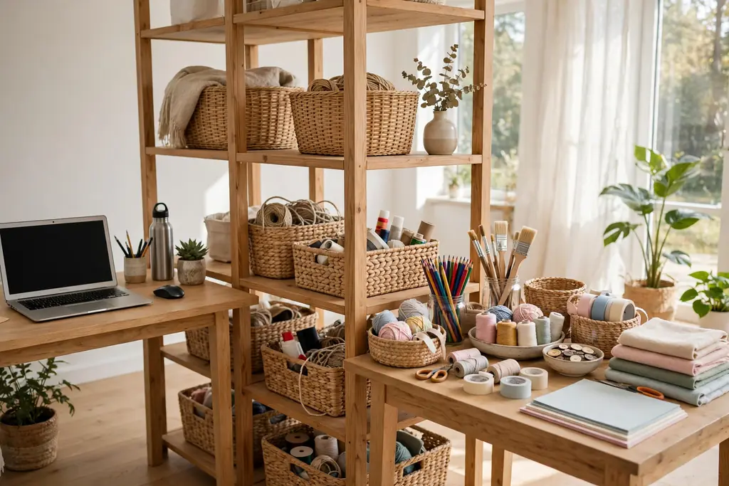 Open shelving unit dividing a room, with a work desk on one side and a craft table on the other side.