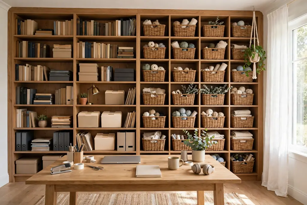 Full-height storage wall with work shelves on one section and craft cubbies with labeled baskets on another.