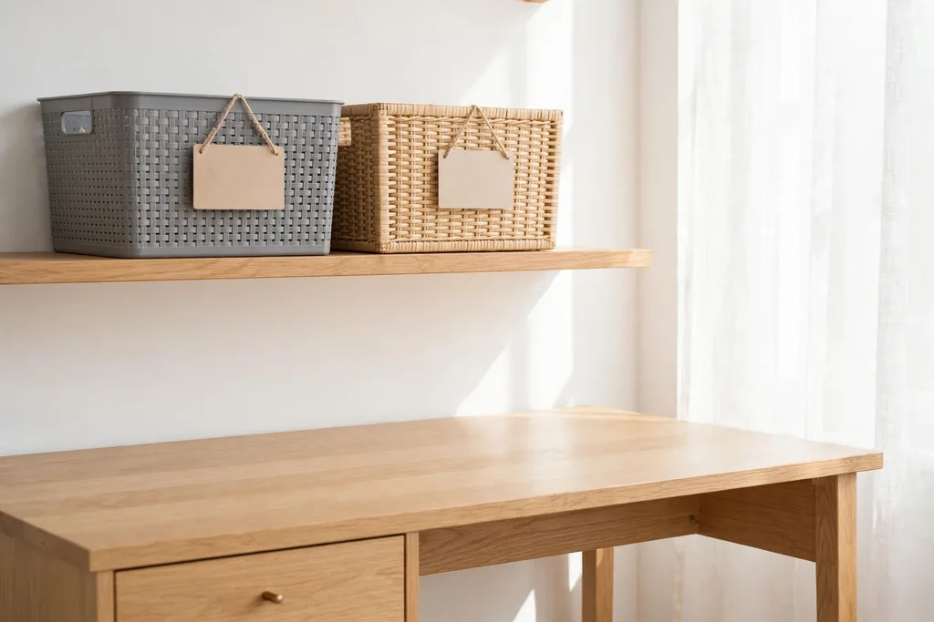 One desk with a clear surface, a labeled work bin on a shelf, and a labeled craft bin beside it.