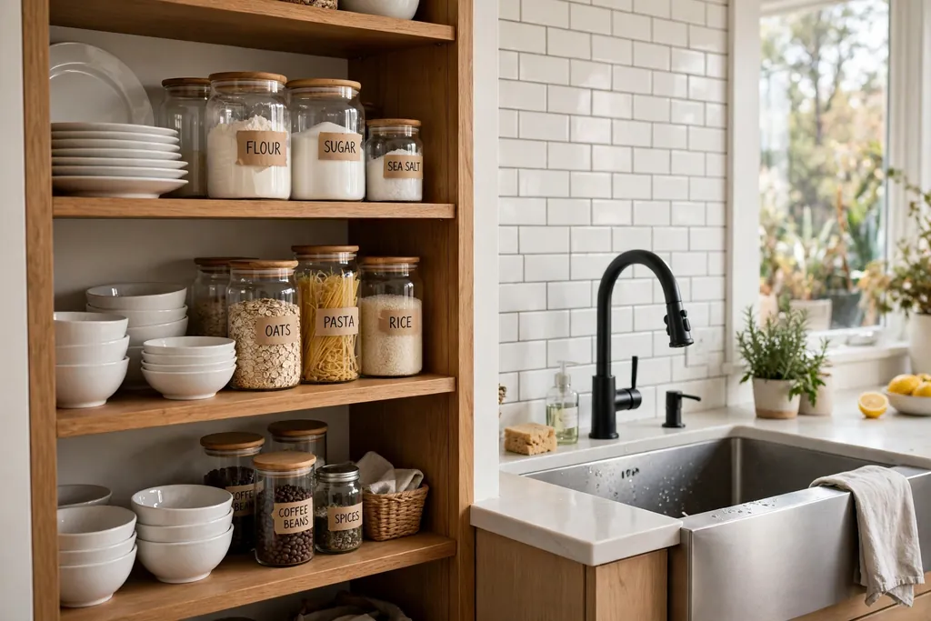 Open wood shelves beside a kitchen sink holding plates, bowls, and pantry jars.