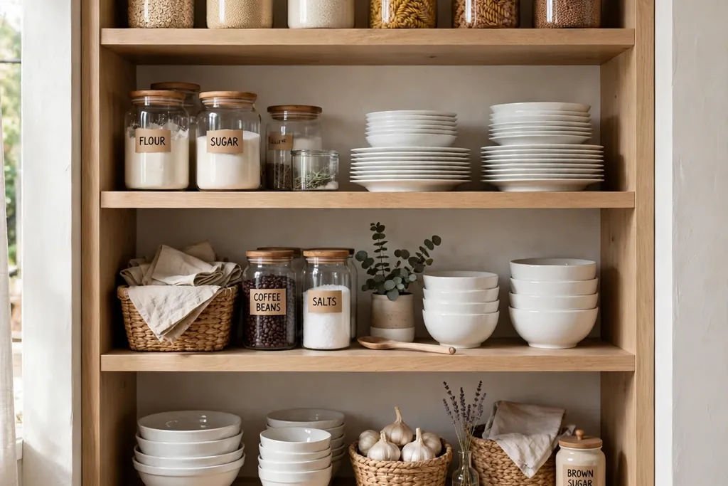Floor to ceiling kitchen pantry wall with wood shelves holding jars, dishes, and baskets.