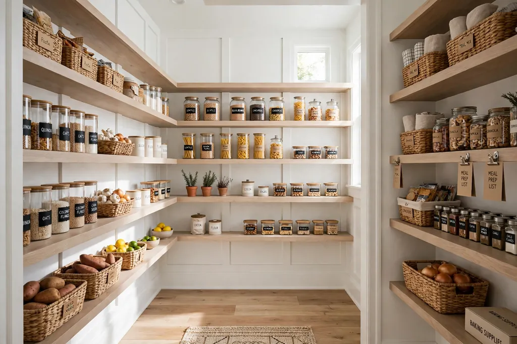 Walk-in pantry with open shelves on three walls holding grouped food jars and baskets.