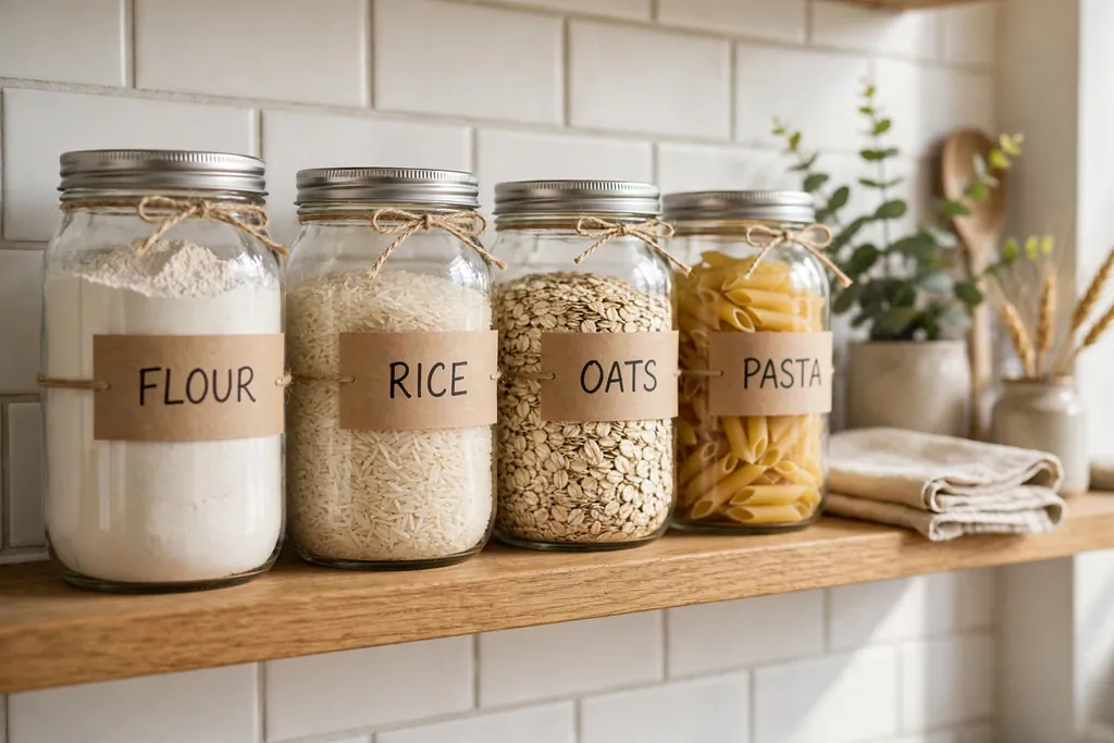 Kitchen shelf run of labeled glass jars holding flour, rice, oats, and pasta.