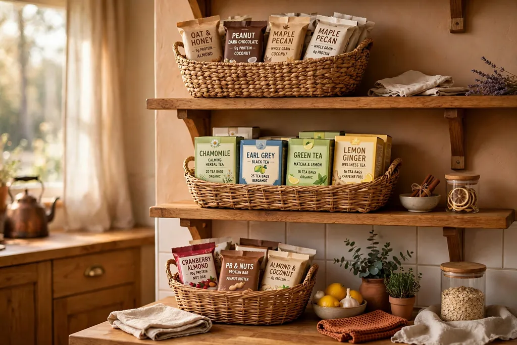 Wood kitchen shelves with woven baskets holding snack bars and tea boxes.
