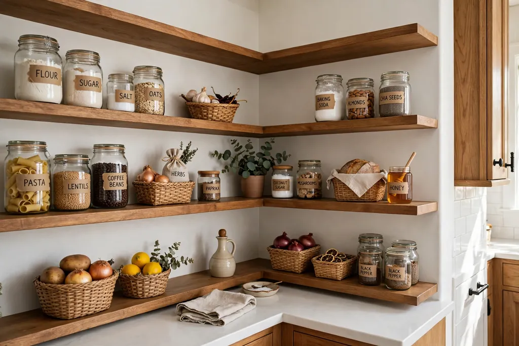 L shaped corner pantry shelves in a kitchen holding jars and small baskets.