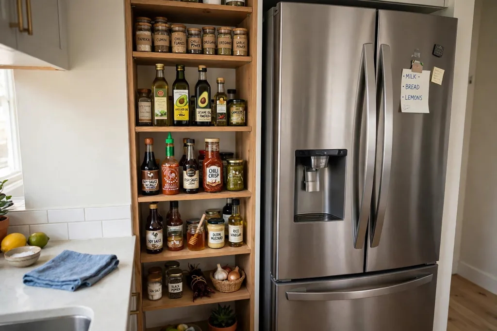 Narrow open pantry shelves beside a fridge holding oils, sauces, and spice jars.