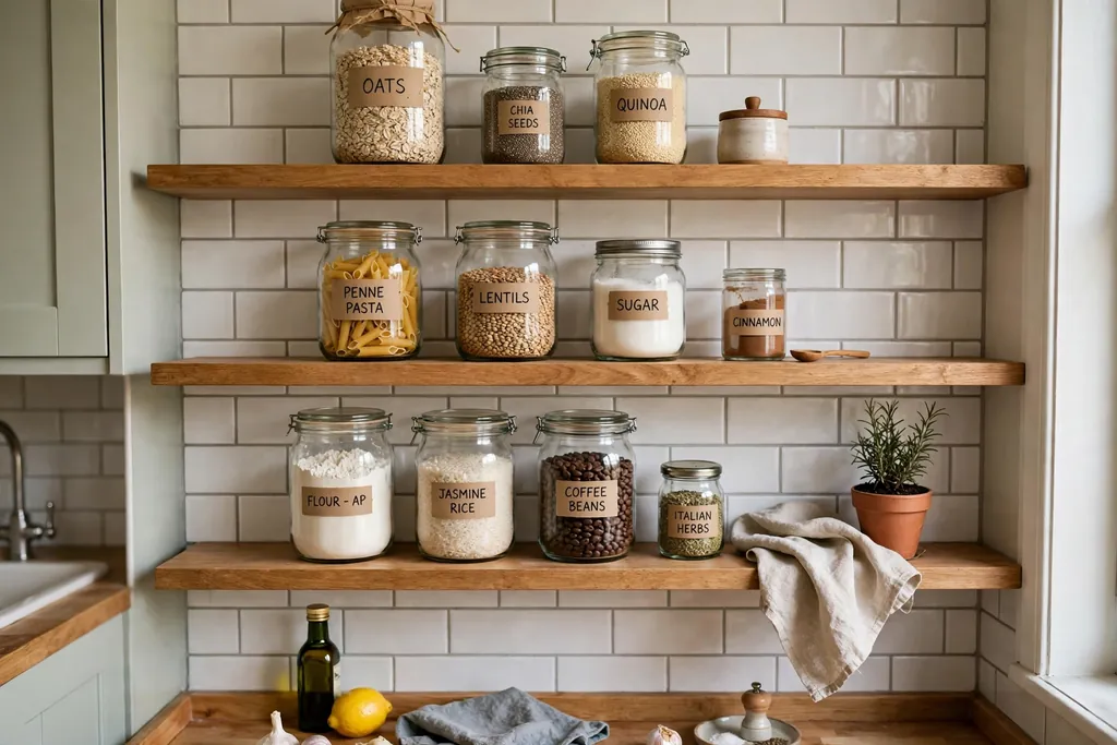 Short run of three open shelves in a small kitchen holding daily pantry staples.