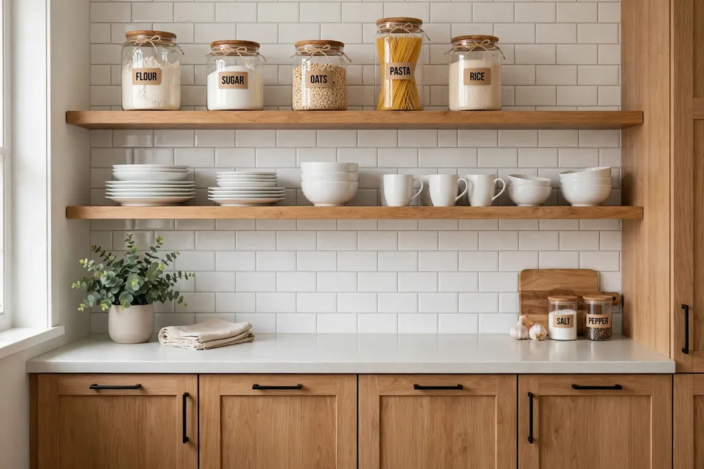 Open kitchen shelves above closed cabinets holding dishes and pantry jars.