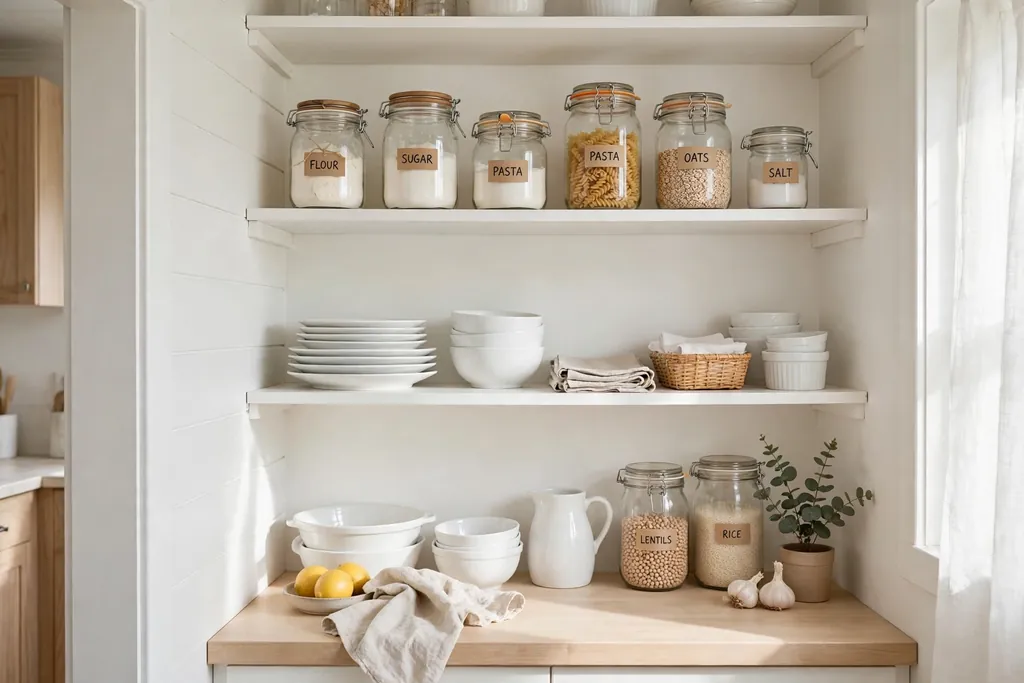 Bright white open pantry shelves in a small kitchen holding white dishes and clear jars.