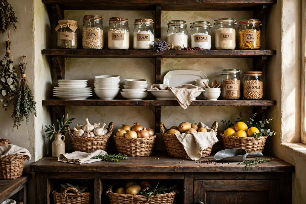 Dark wood pantry shelves in a rustic kitchen holding jars, white dishes, and baskets.