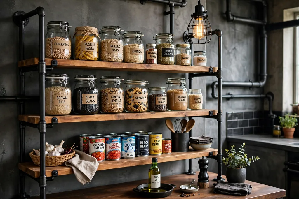 Black metal and wood pantry shelves in a kitchen holding jars and cans.