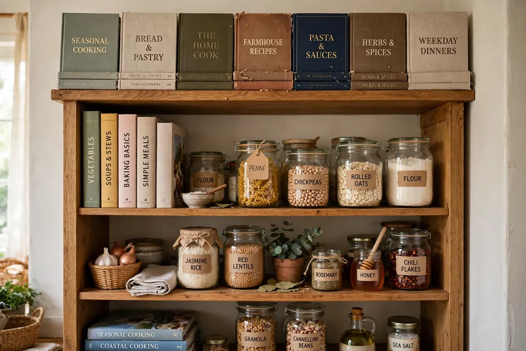 Cookbook row above kitchen pantry shelves holding cookbooks and food jars.