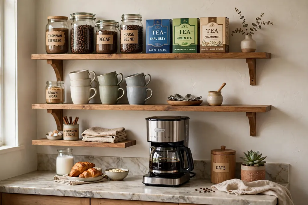 Breakfast station shelves holding coffee, tea, mugs, and breakfast jars.