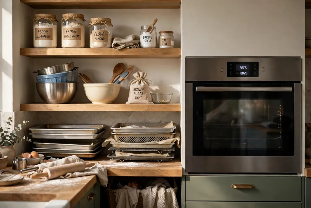 Baking zone shelves near a kitchen oven holding flour jars, bowls, and baking trays.