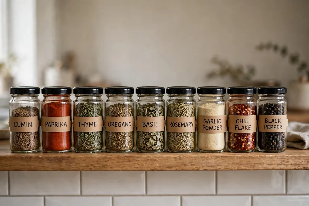 Tight row of small matching labeled spice jars at eye level in a kitchen.