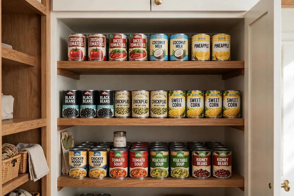 Pantry shelves with front-facing rows of canned goods with labels facing out.